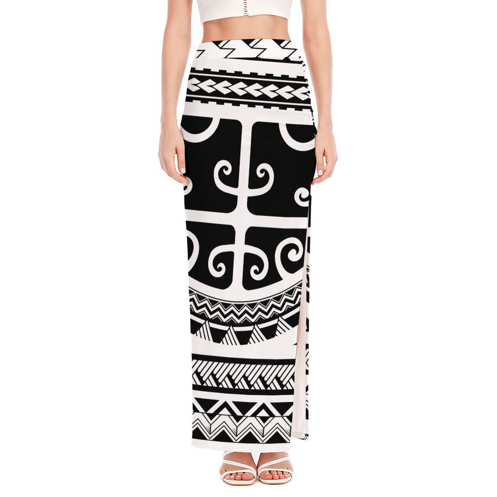 Polynesian Tribal Tattoo Pattern Print High Slit Maxi Skirt