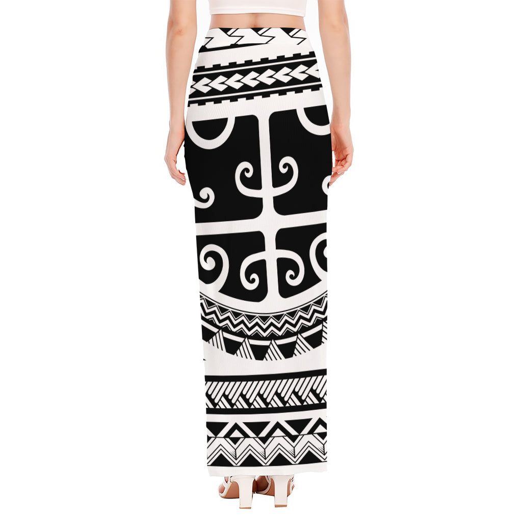 Polynesian Tribal Tattoo Pattern Print High Slit Maxi Skirt