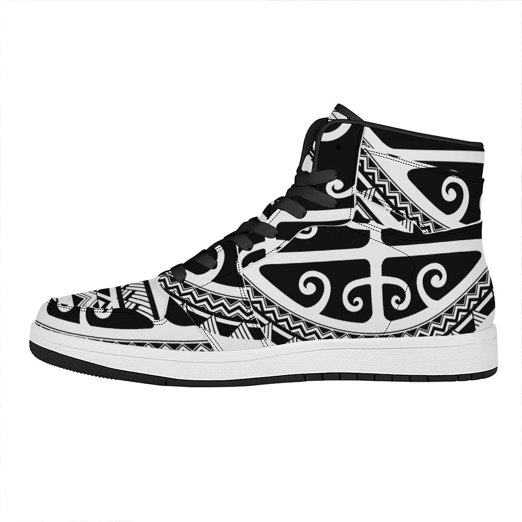 Polynesian Tribal Tattoo Pattern Print High Top Leather Sneakers