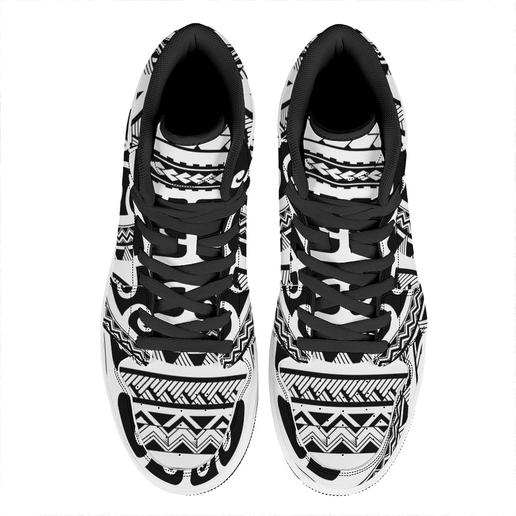 Polynesian Tribal Tattoo Pattern Print High Top Leather Sneakers