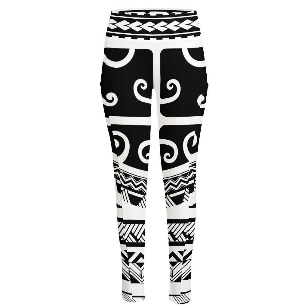 Polynesian Tribal Tattoo Pattern Print High-Waisted Pocket Leggings