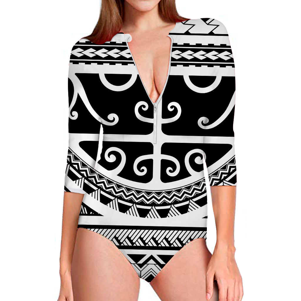 Polynesian Tribal Tattoo Pattern Print Long Sleeve Swimsuit