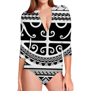Polynesian Tribal Tattoo Pattern Print Long Sleeve Swimsuit