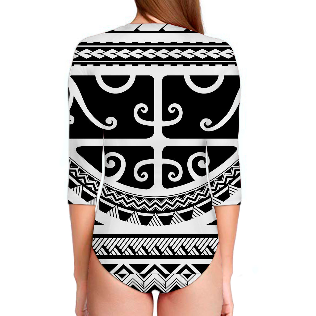 Polynesian Tribal Tattoo Pattern Print Long Sleeve Swimsuit