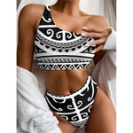 Polynesian Tribal Tattoo Pattern Print One Shoulder Bikini Top