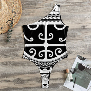 Polynesian Tribal Tattoo Pattern Print One Shoulder Bodysuit