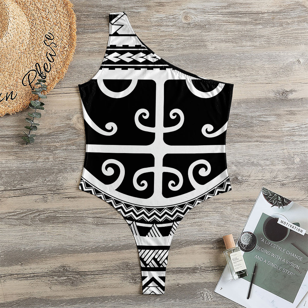 Polynesian Tribal Tattoo Pattern Print One Shoulder Bodysuit