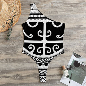 Polynesian Tribal Tattoo Pattern Print One Shoulder Bodysuit