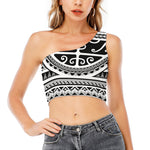 Polynesian Tribal Tattoo Pattern Print One Shoulder Crop Top