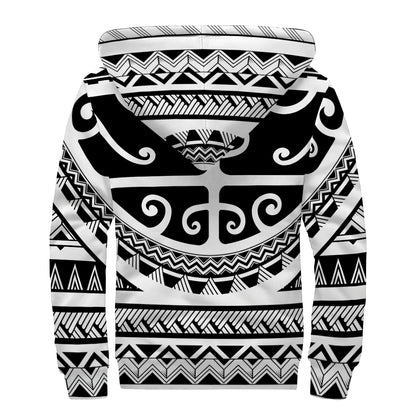 Polynesian Tribal Tattoo Pattern Print Sherpa Lined Zip Up Hoodie
