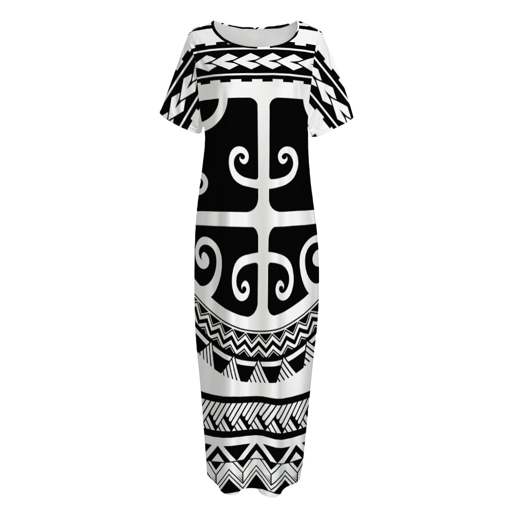 Polynesian Tribal Tattoo Pattern Print Short Sleeve Long Nightdress