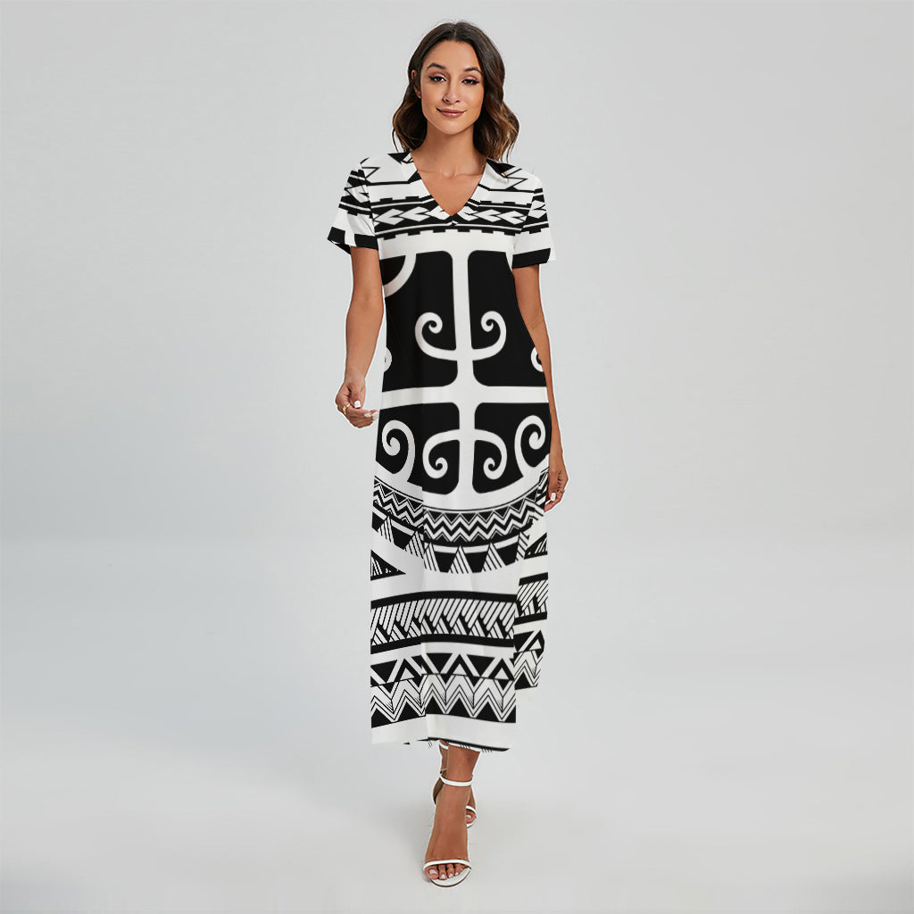 Polynesian Tribal Tattoo Pattern Print Short Sleeve Maxi Dress