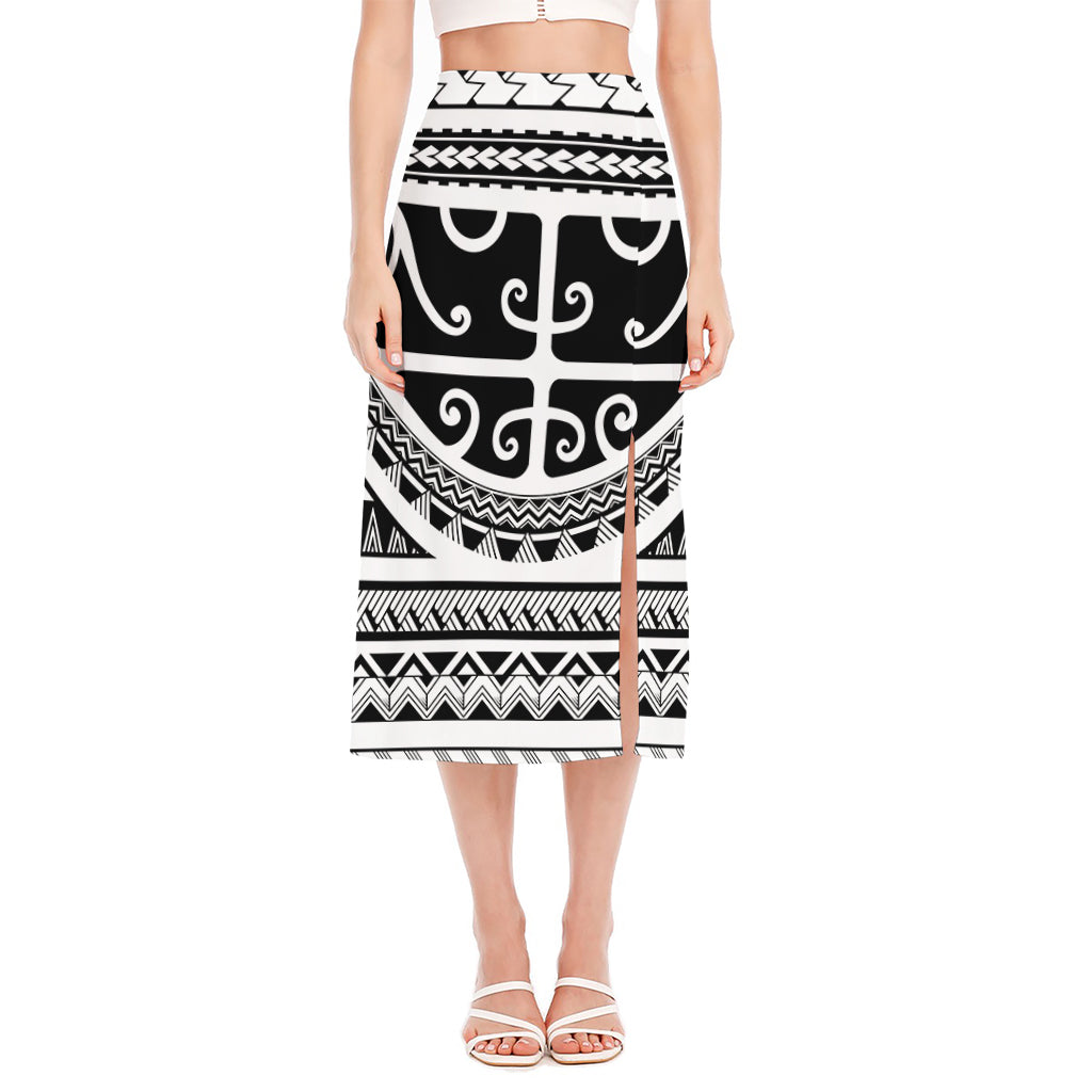 Polynesian Tribal Tattoo Pattern Print Side Slit Midi Skirt