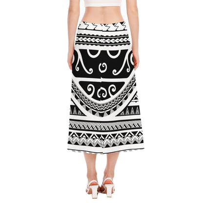 Polynesian Tribal Tattoo Pattern Print Side Slit Midi Skirt
