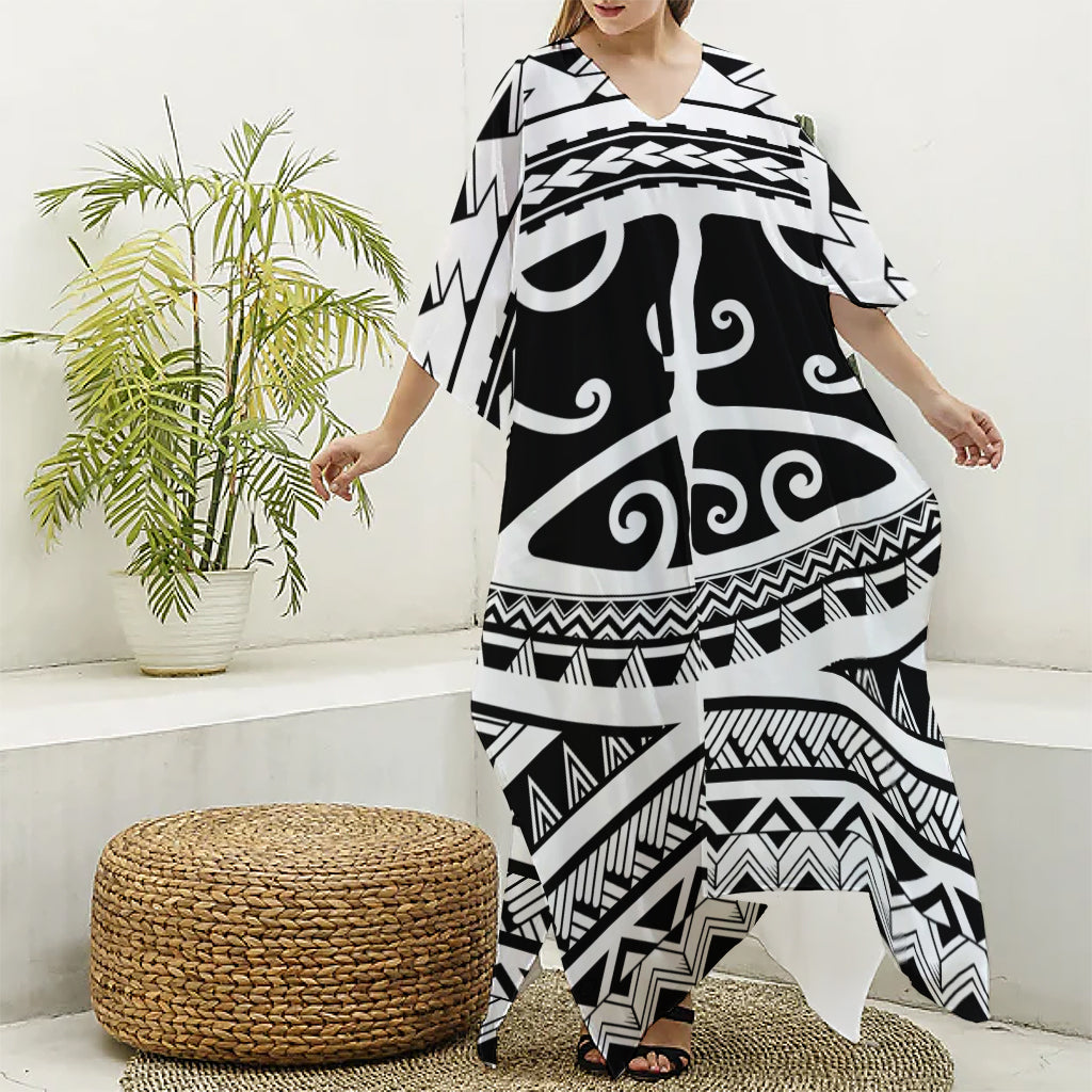 Polynesian Tribal Tattoo Pattern Print Silk V-Neck Kaftan Dress