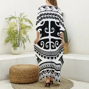 Polynesian Tribal Tattoo Pattern Print Silk V-Neck Kaftan Dress