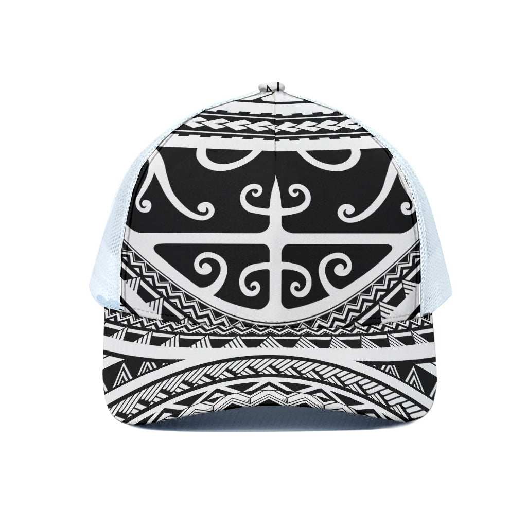 Polynesian Tribal Tattoo Pattern Print White Mesh Trucker Cap