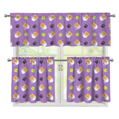 Pomeranian In Tea Cup Pattern Print 3 Piece Kitchen Curtains