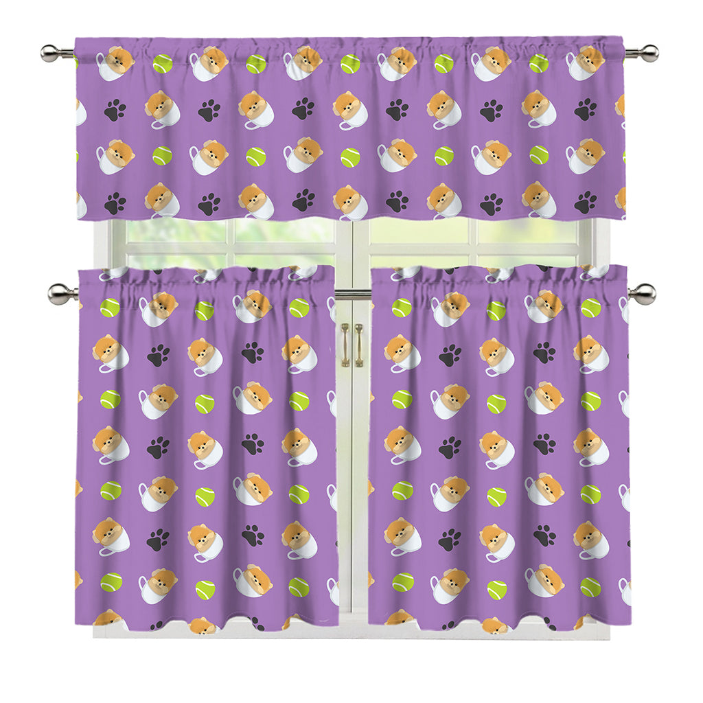 Pomeranian In Tea Cup Pattern Print 3 Piece Kitchen Curtains