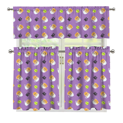 Pomeranian In Tea Cup Pattern Print 3 Piece Kitchen Curtains