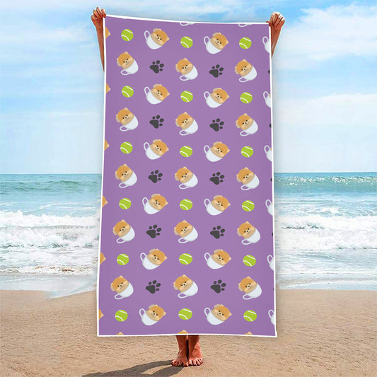 Pomeranian In Tea Cup Pattern Print Beach Towel