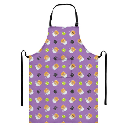 Pomeranian In Tea Cup Pattern Print Bib Apron With Pocket