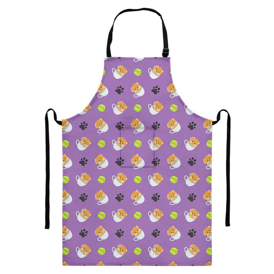 Pomeranian In Tea Cup Pattern Print Bib Apron With Pocket