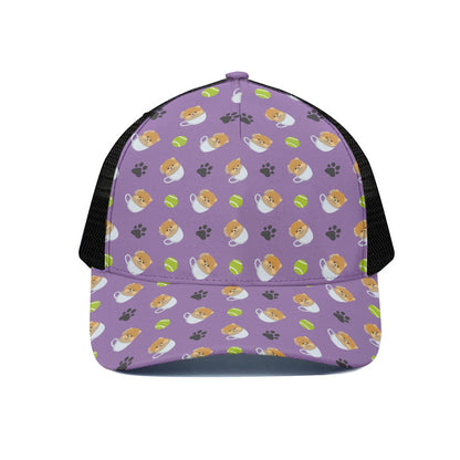 Pomeranian In Tea Cup Pattern Print Black Mesh Trucker Cap