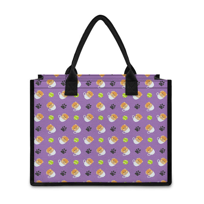 Pomeranian In Tea Cup Pattern Print Canvas Tote Bag
