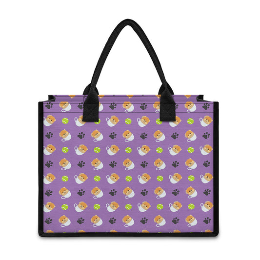 Pomeranian In Tea Cup Pattern Print Canvas Tote Bag