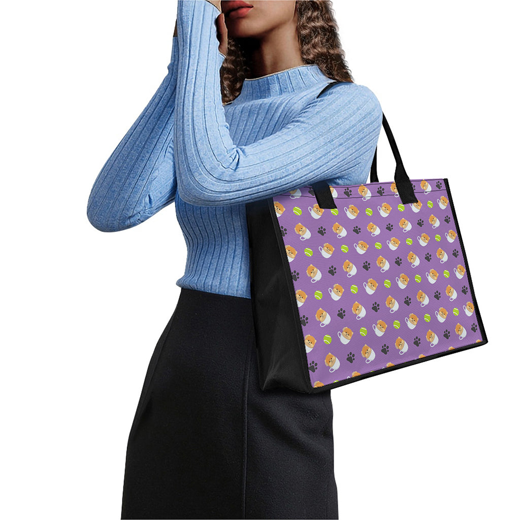 Pomeranian In Tea Cup Pattern Print Canvas Tote Bag