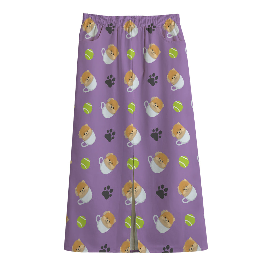 Pomeranian In Tea Cup Pattern Print Cotton Front Slit Maxi Skirt