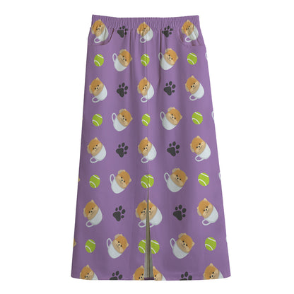 Pomeranian In Tea Cup Pattern Print Cotton Front Slit Maxi Skirt