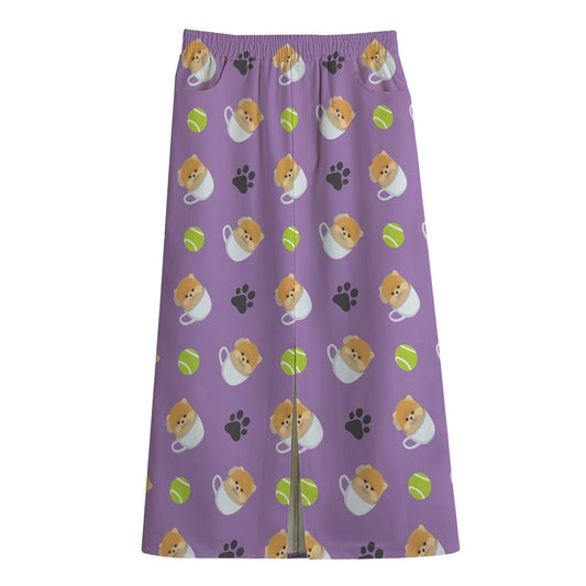 Pomeranian In Tea Cup Pattern Print Cotton Front Slit Maxi Skirt