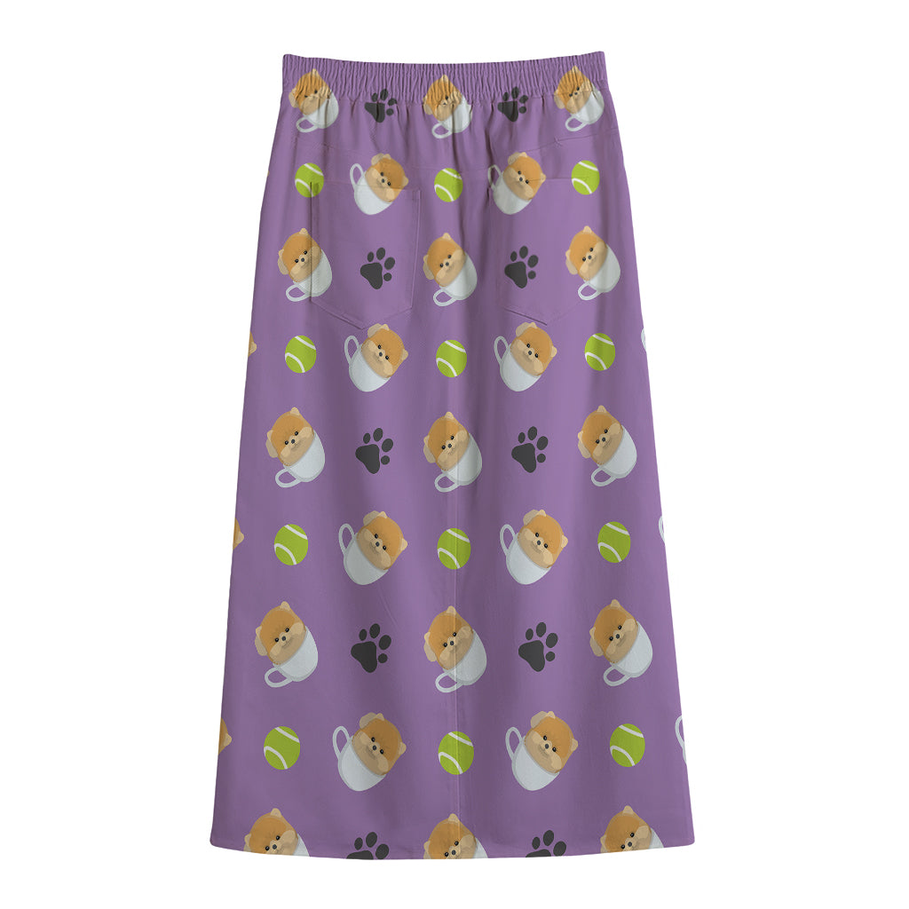 Pomeranian In Tea Cup Pattern Print Cotton Front Slit Maxi Skirt
