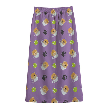 Pomeranian In Tea Cup Pattern Print Cotton Front Slit Maxi Skirt