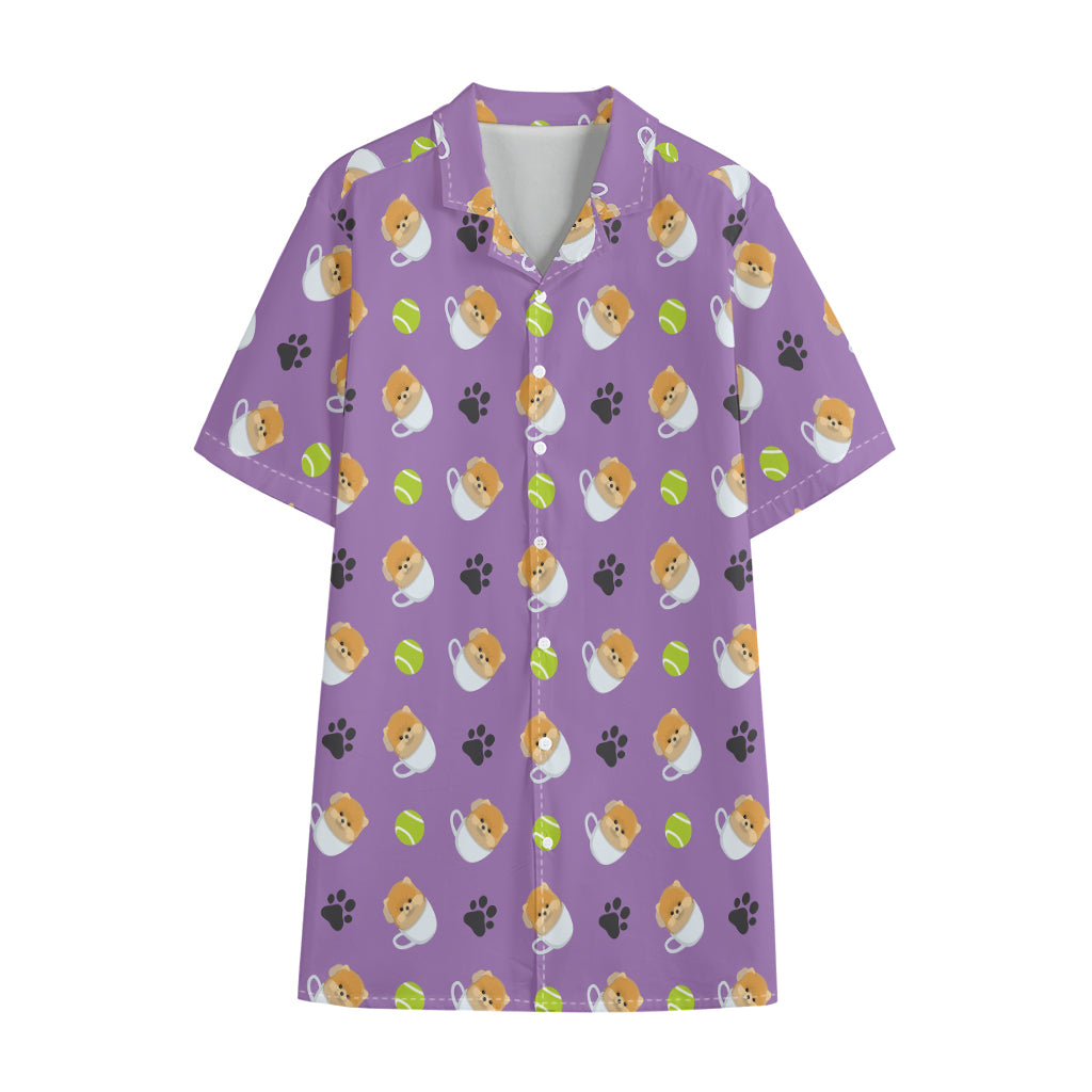 Pomeranian In Tea Cup Pattern Print Cotton Hawaiian Shirt