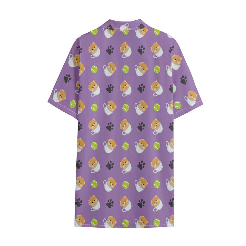 Pomeranian In Tea Cup Pattern Print Cotton Hawaiian Shirt