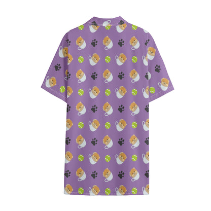 Pomeranian In Tea Cup Pattern Print Cotton Hawaiian Shirt