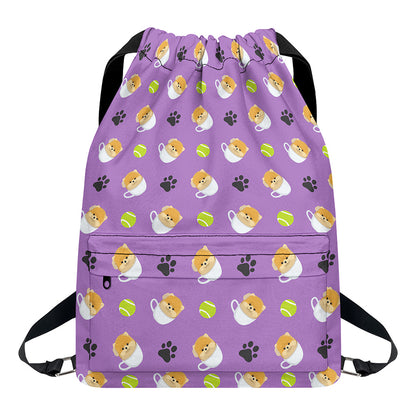 Pomeranian In Tea Cup Pattern Print Drawstring Backpack