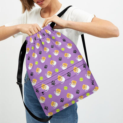 Pomeranian In Tea Cup Pattern Print Drawstring Backpack