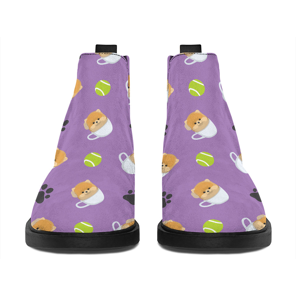 Pomeranian In Tea Cup Pattern Print Flat Ankle Boots