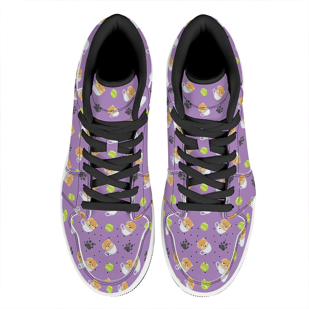 Pomeranian In Tea Cup Pattern Print High Top Leather Sneakers