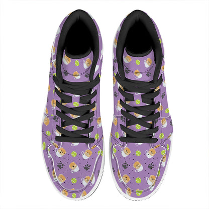 Pomeranian In Tea Cup Pattern Print High Top Leather Sneakers