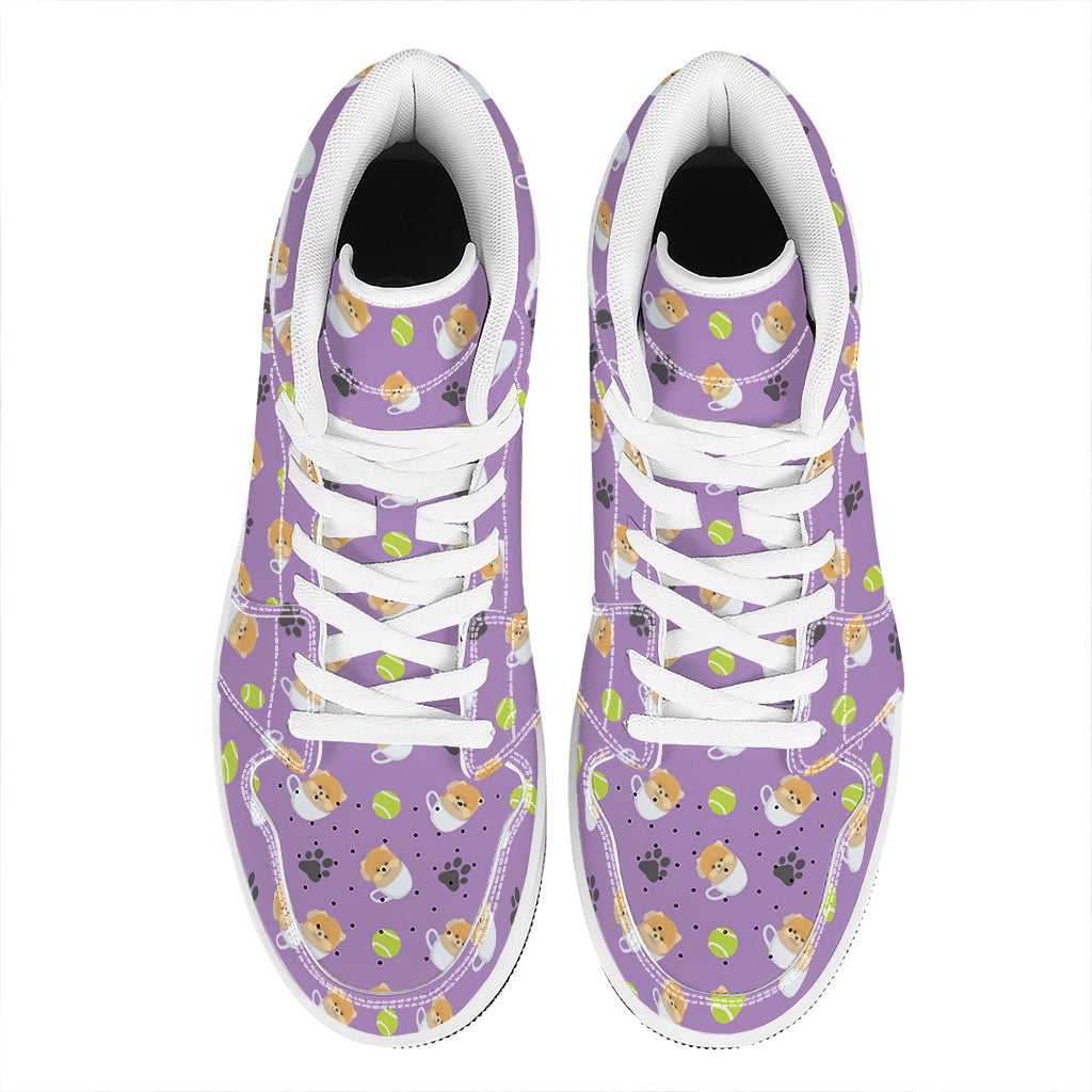 Pomeranian In Tea Cup Pattern Print High Top Leather Sneakers