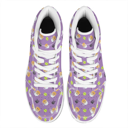 Pomeranian In Tea Cup Pattern Print High Top Leather Sneakers
