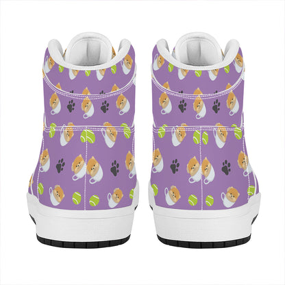Pomeranian In Tea Cup Pattern Print High Top Leather Sneakers