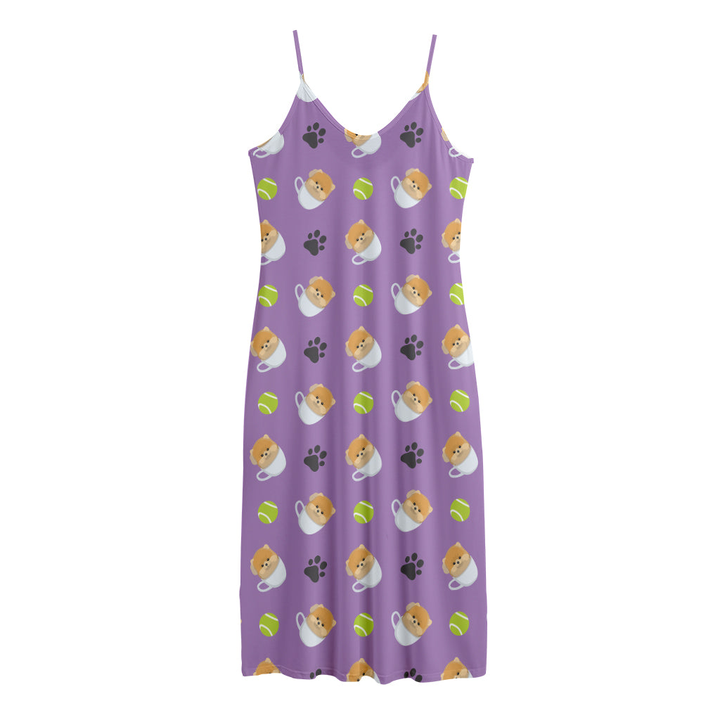 Pomeranian In Tea Cup Pattern Print Jersey Midi Cami Dress