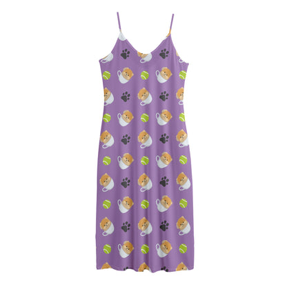 Pomeranian In Tea Cup Pattern Print Jersey Midi Cami Dress