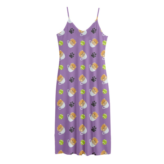Pomeranian In Tea Cup Pattern Print Jersey Midi Cami Dress